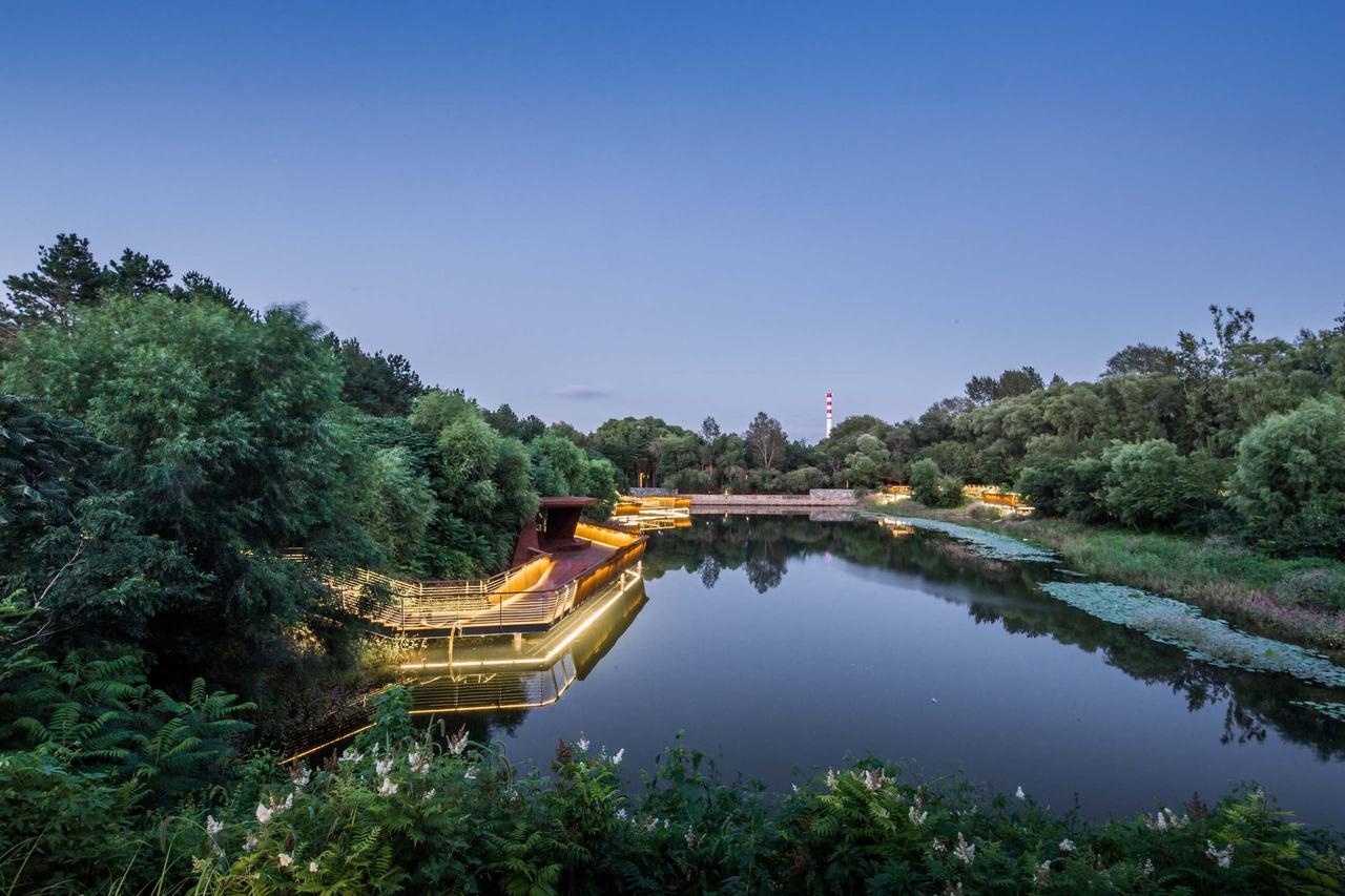 沿水岸延伸的森林栈道，远处红白烟囱是原净水厂保留的工业地标