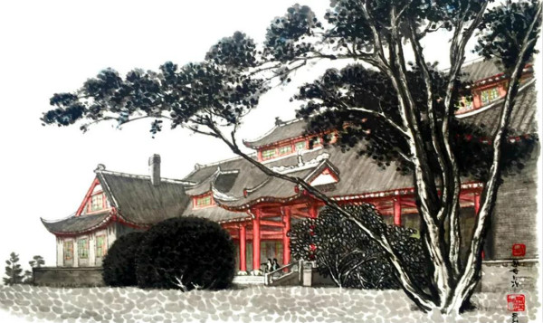 华西校区钟楼，从大学路南侧视角