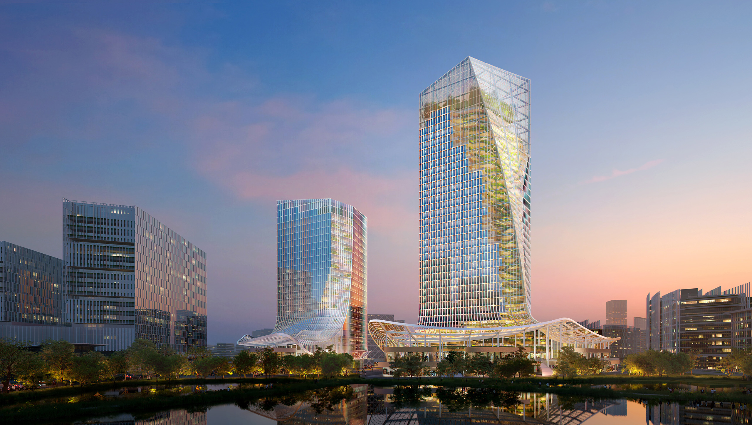 Modern skyscrapers with distinctive, sculptural designs are