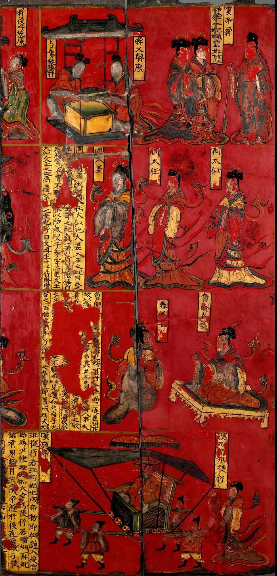 大同市博物馆北魏厅展出的司马金龙墓漆画屏风，朱漆底铁线描的人物故事。图源：中国日报。