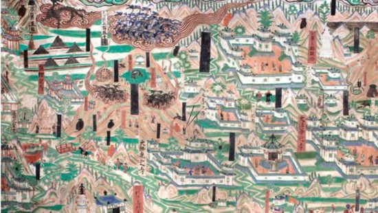 莫高窟第61窟《五台山图》壁画局部，展现唐代全景山水