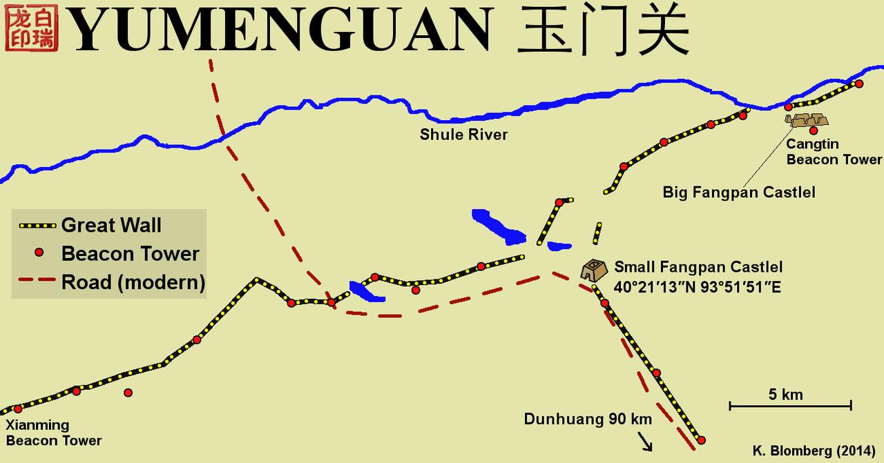 玉门关遗址群地图，可见小方盘城、大方盘城与汉长城的空间关系