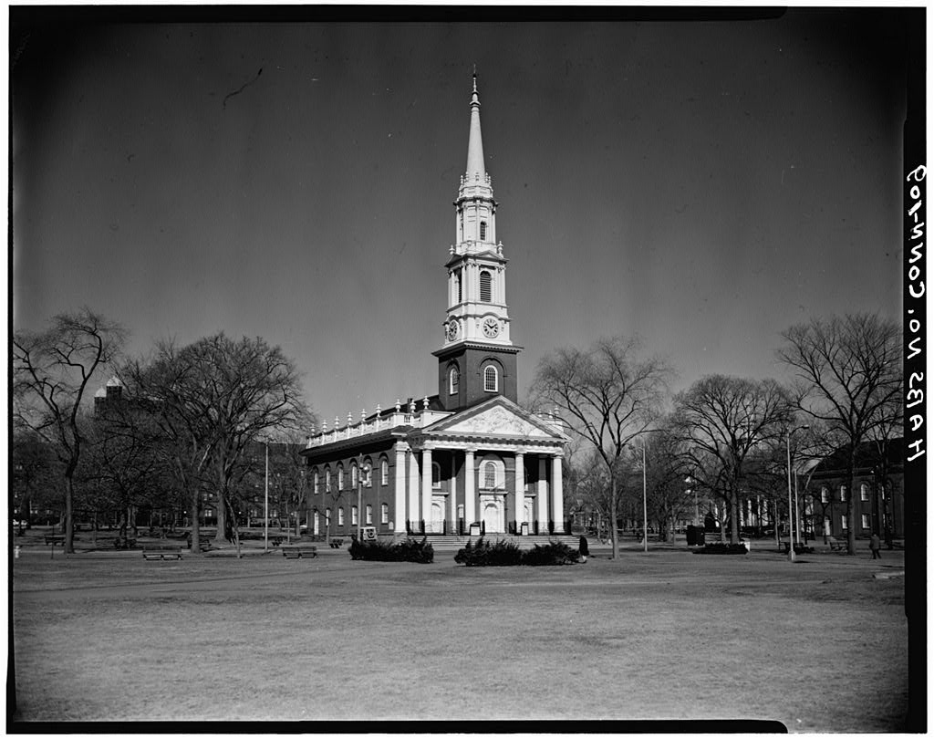 Center Church on the Green from Temple Street, showing the elevated main floor