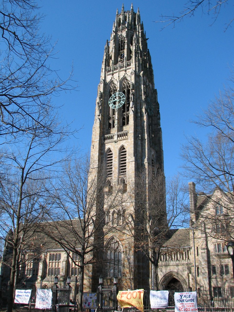 Harkness Tower showing the full 216-foot Collegiate Gothic tower