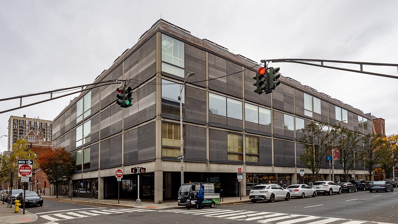 A closer view of YCBA's steel-and-glass facade