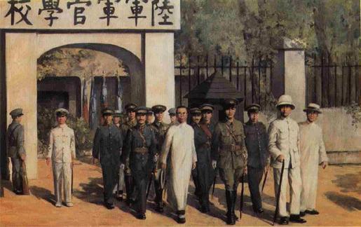 A group of military officers and students, dressed in uniforms and traditional Chinese attire, are marching in front of 