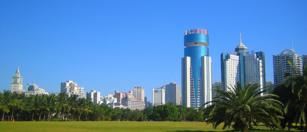 海口国贸CBD天际线：高层建筑群与热带植被