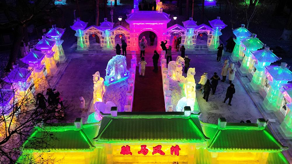 兆麟公园冰灯游园会夜景，彩色冰雕覆盖整座公园，游客在步道上观赏