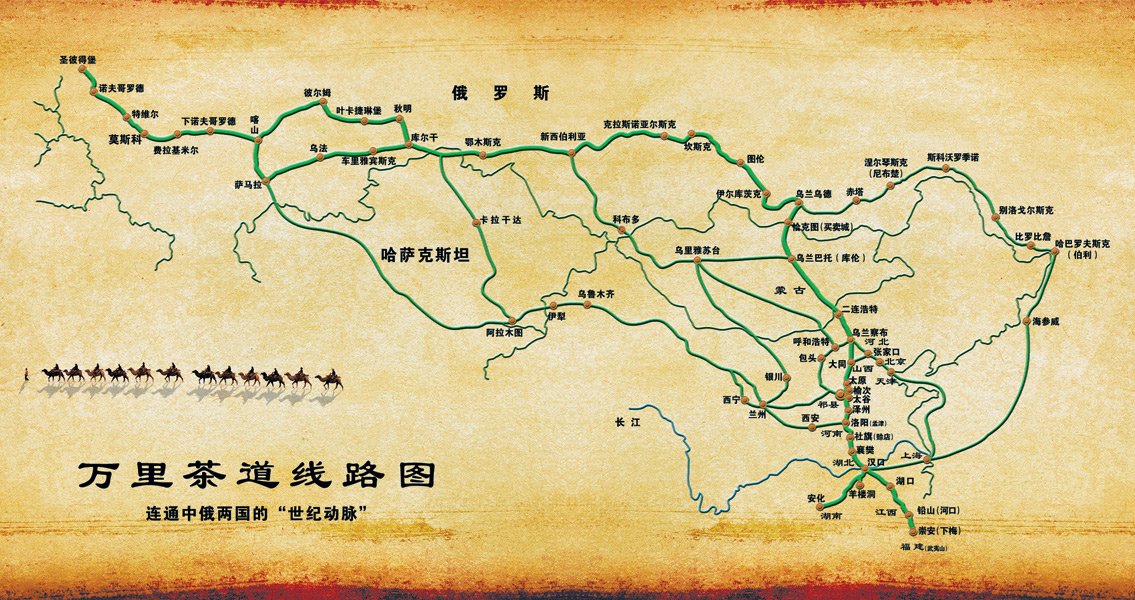 万里茶道路线图，标注从武夷山到圣彼得堡的主要节点