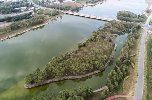 An aerial view shows a river crossing with a bridge near Xinxinban, surrounded b