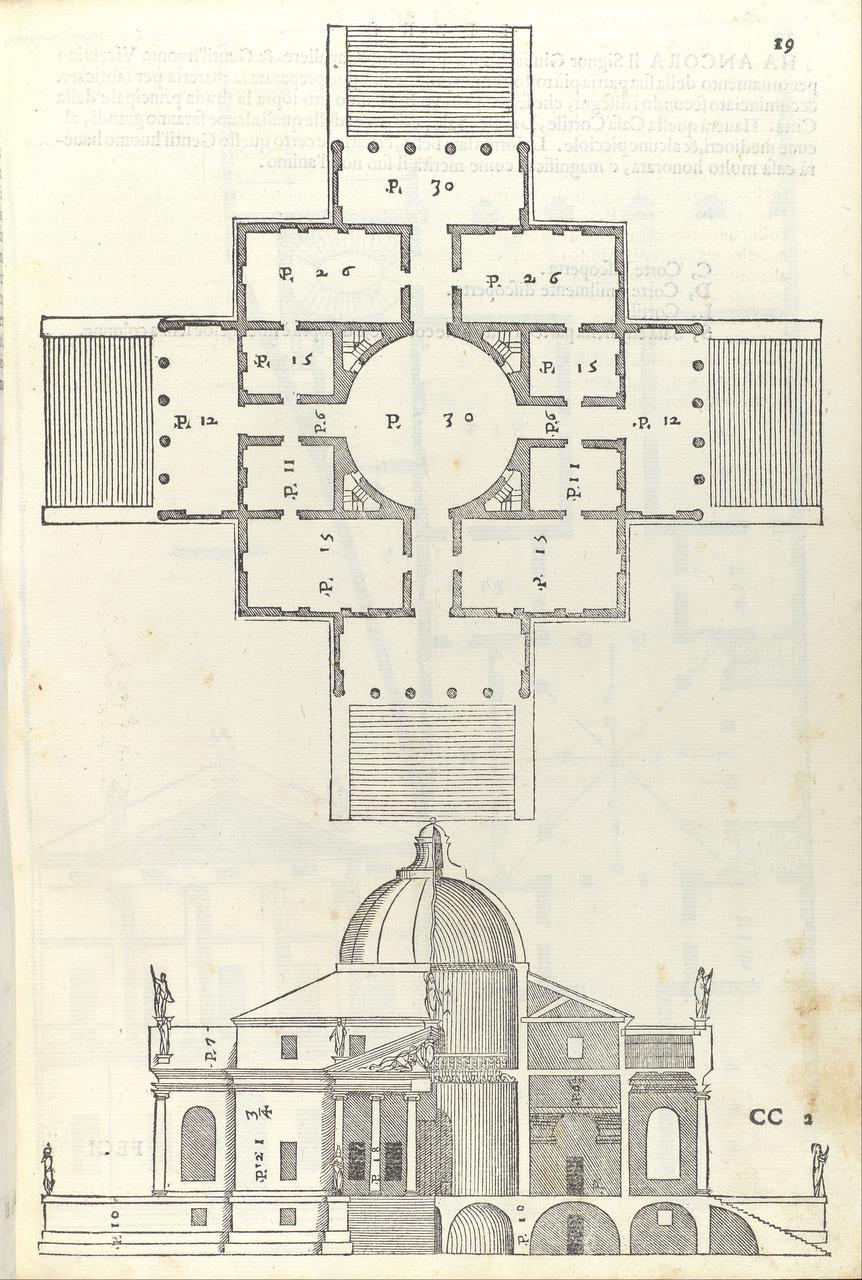 Palladio 在《建筑四书》中为 Villa La Rotonda 绘制的平面与剖面铜版画