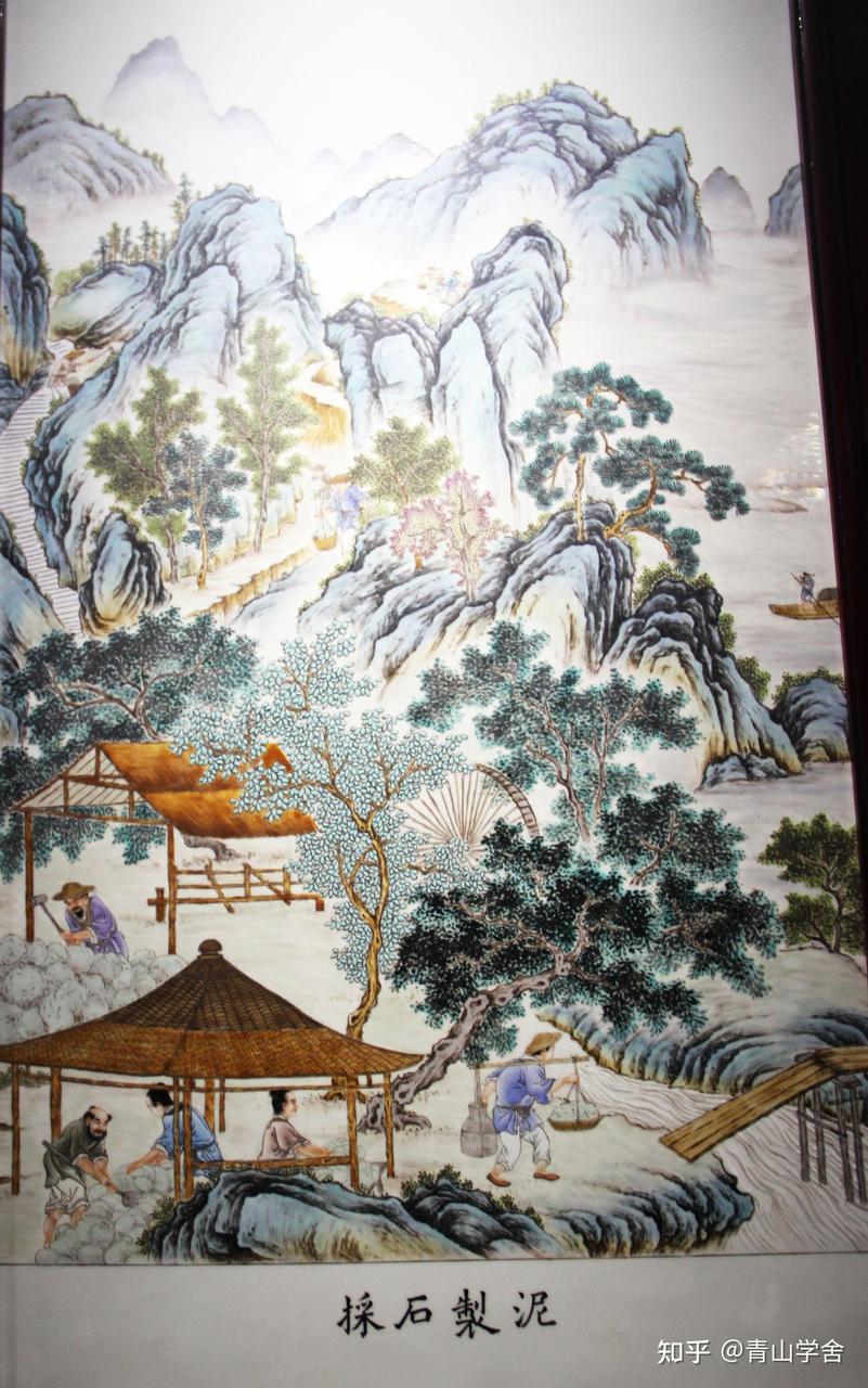清代御窑厂制瓷工序的工艺图，展示了从原料加工到烧成出窑的完整流程