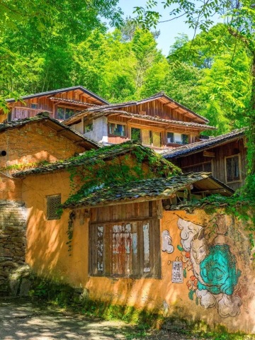 三宝村内的传统建筑和工作室群，沿山谷分布在绿树掩映中