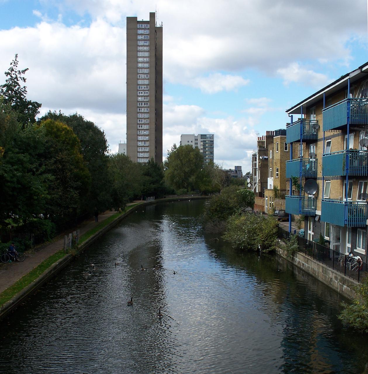 从 Grand Union Canal 方向看 Trellick Tower，前景是水面和 Meanwhile Gardens 植被