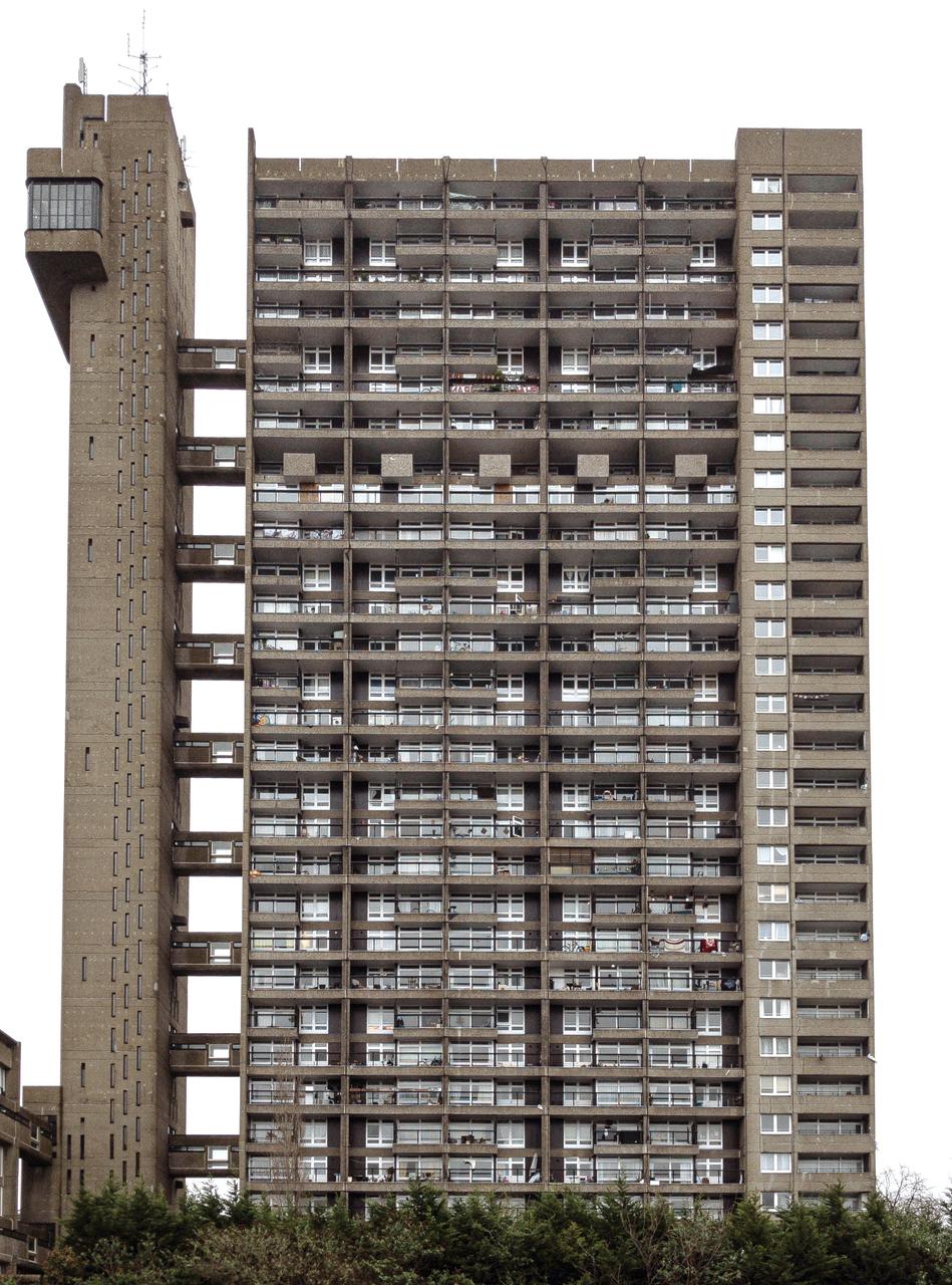 Trellick Tower 正面全景，分离式服务塔与空中连廊清晰可见