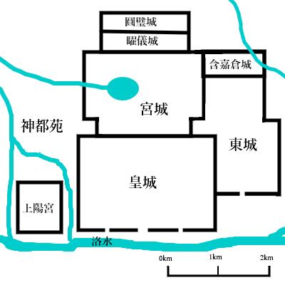 隋唐洛阳城平面图，可见洛河穿城而过、天津桥位置和含嘉仓城