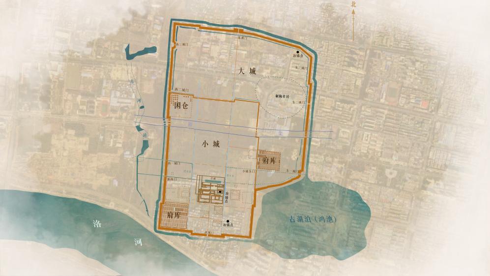 偃师商城遗址考古平面图，显示大城与小城的布局关系