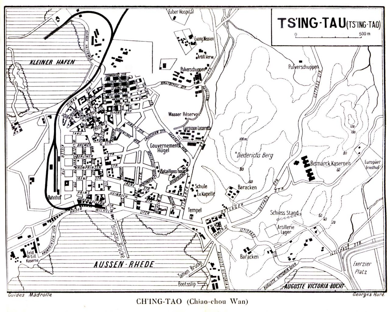 1912年德国出版的青岛城市地图，可以清楚看到总督府在观海山南麓的位置和通向海边的道路系统
