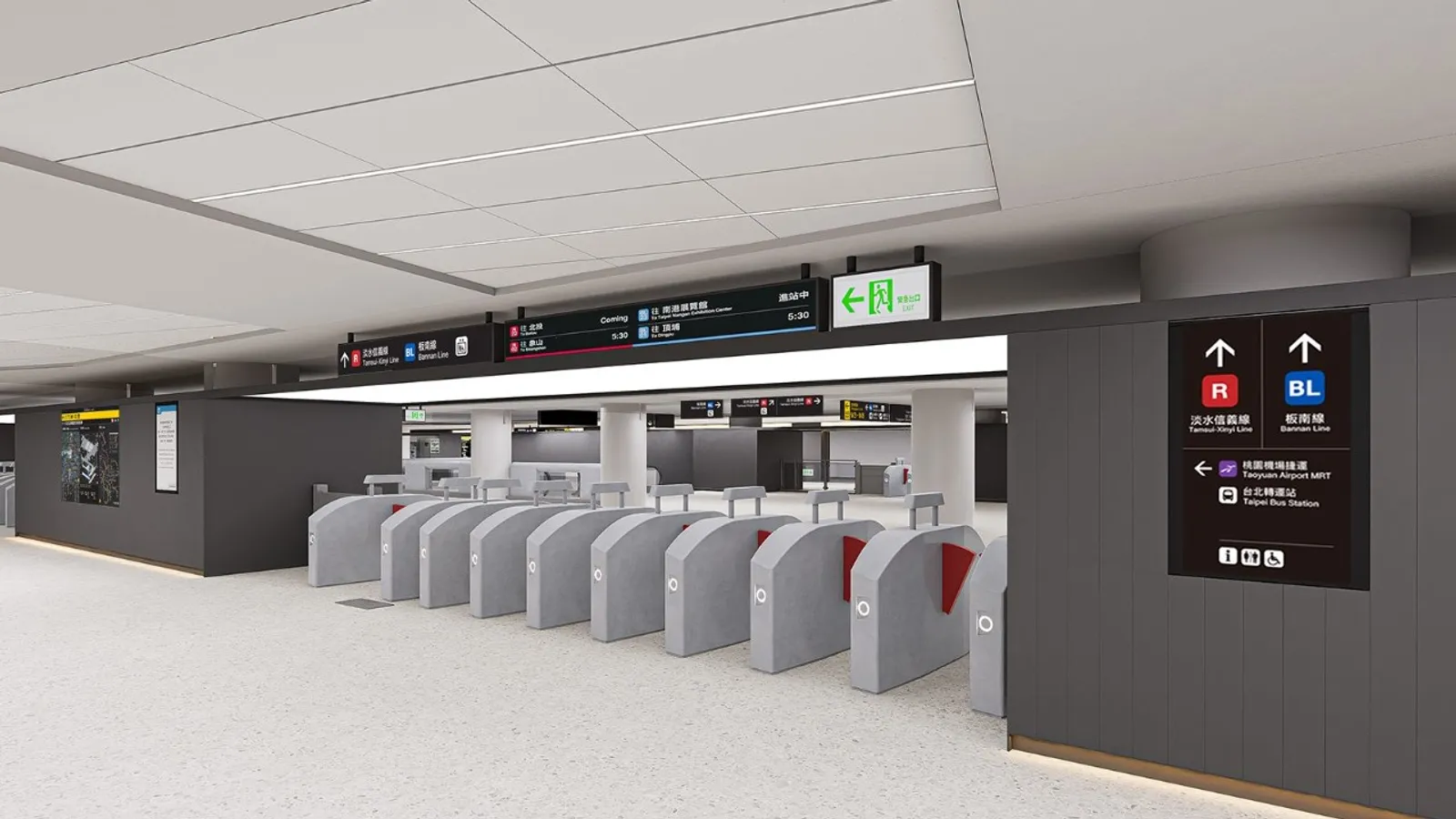 The MRT station features streamlined turnstiles, digital directional signs, and 