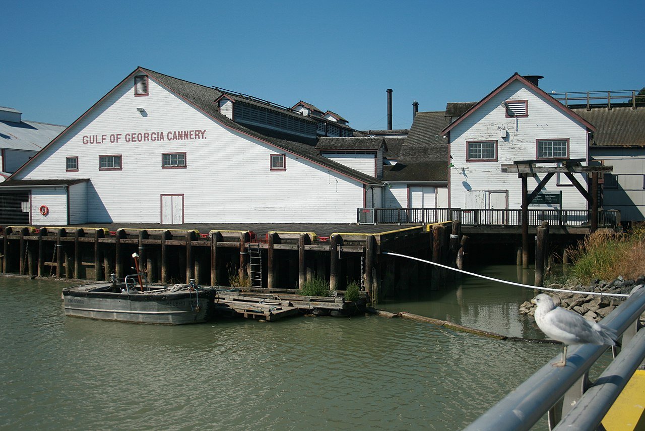 Gulf of Georgia Cannery 外观，1894 年木结构建在弗雷泽河口桩基上，与 Steveston 村镇同框