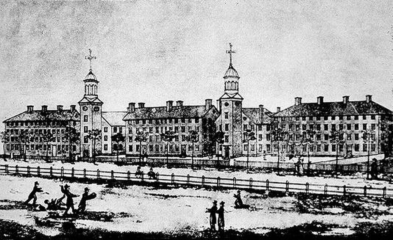 Old Brick Row, Yale College, a historical view showing the linear arrangement of Georgian brick buildings along College Street facing New Haven Green