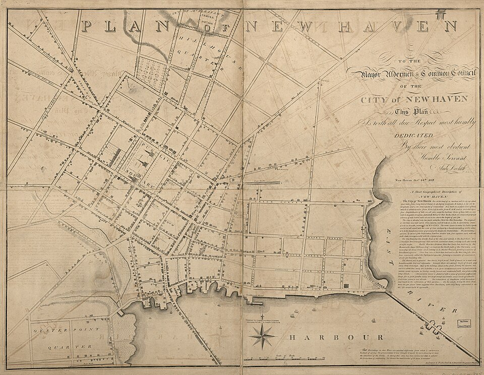 1817 年 New Haven 规划图，显示九宫格网格与中央的 Green