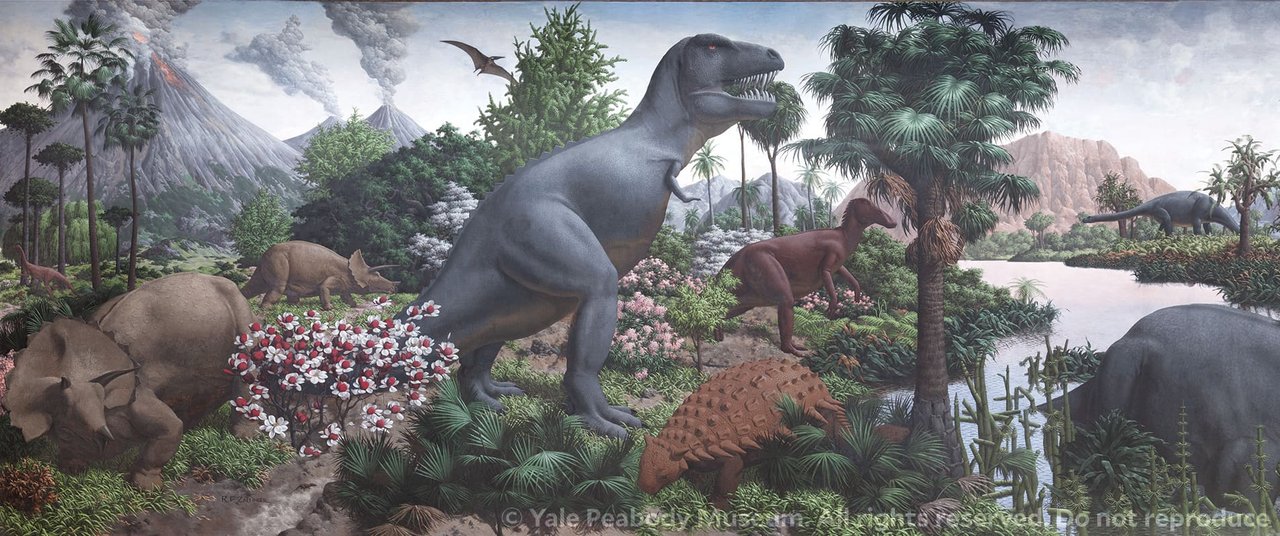 The Age of Reptiles 壁画局部，展示Zallinger如何用植被过渡标示地质时代更替