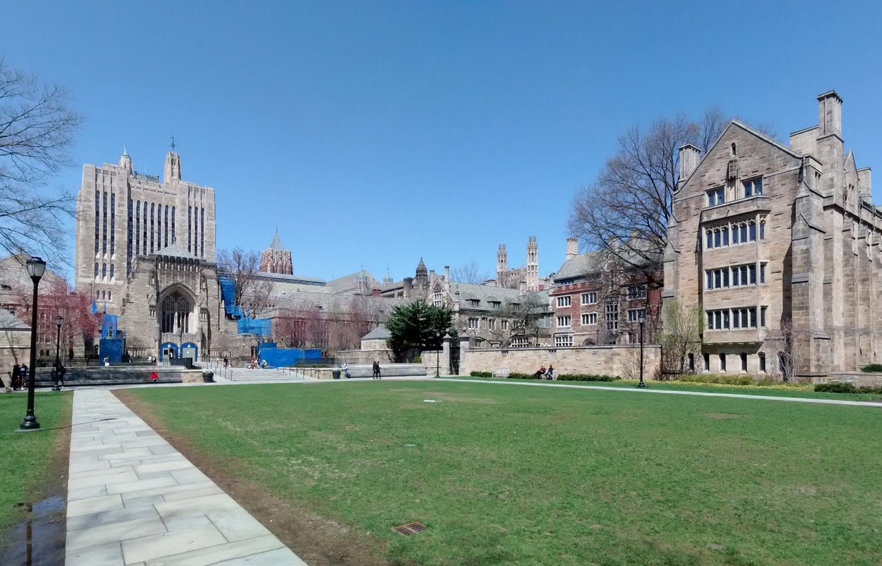 Cross Campus lawn with Sterling Memorial Library and Bass Library entrance