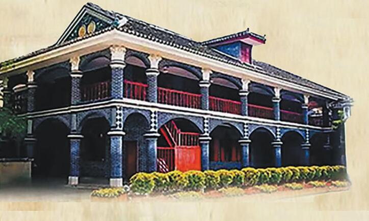 毛泽东张闻天王稼祥住址正面外观，门口悬挂毛泽东画像